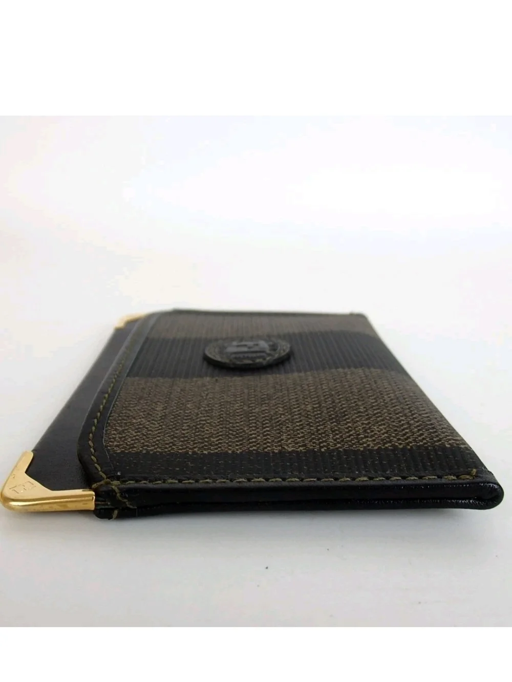 Fendi Men’s Brown & Black Card Holder with Gold-Tone Corners